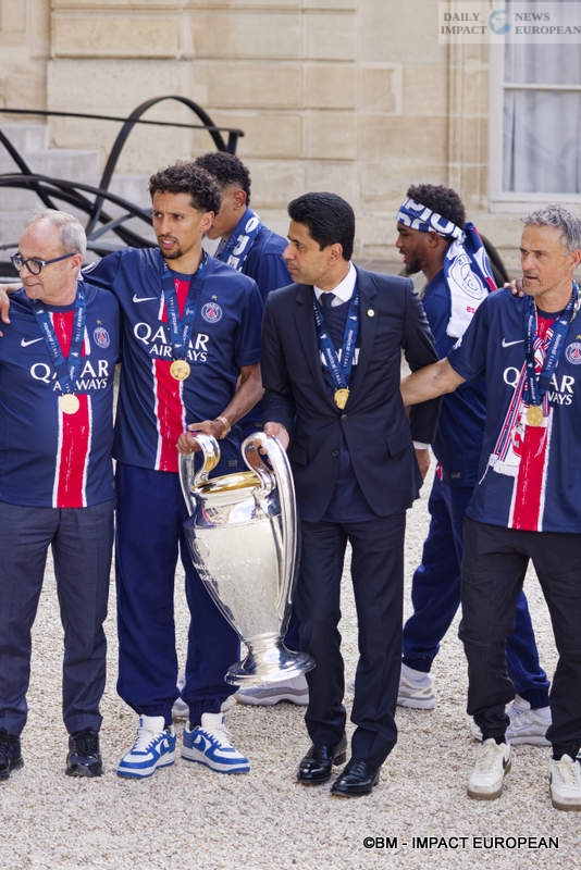 PSG-010 PSG, European Champions: Emmanuel Macron Welcomes the European Champions at the Élysée Palace
