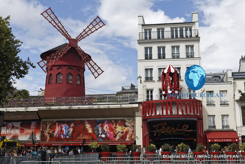 Front view of the iconic Moulin Rouge in Paris before the celebrations marking the final stage of the 2026 Tour de France.